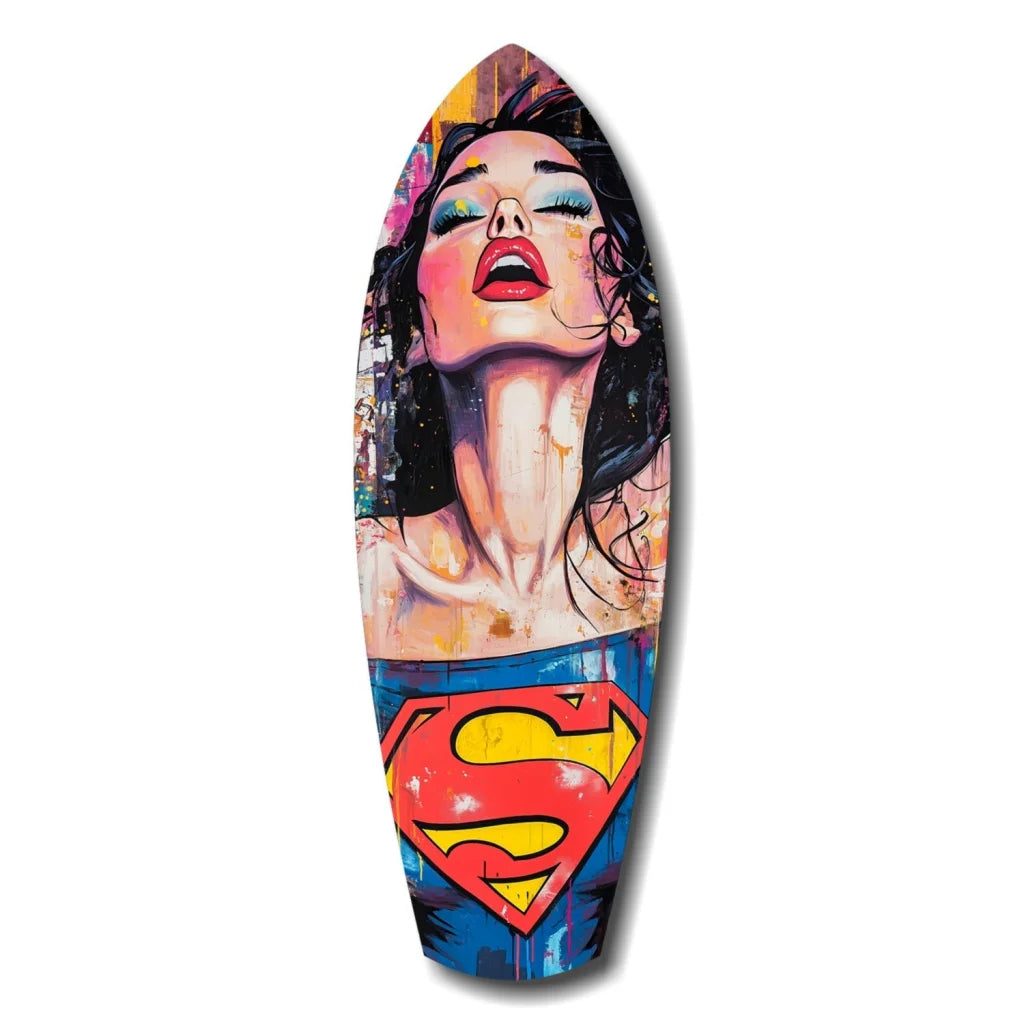 Vibrant Wonder Woman tempered glass art surfboard with Superman logo