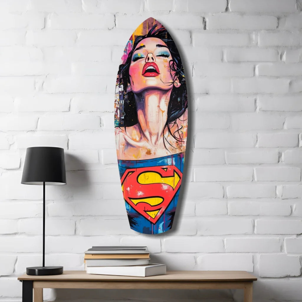 Vibrant Wonder Woman tempered glass art surfboard with size comparison