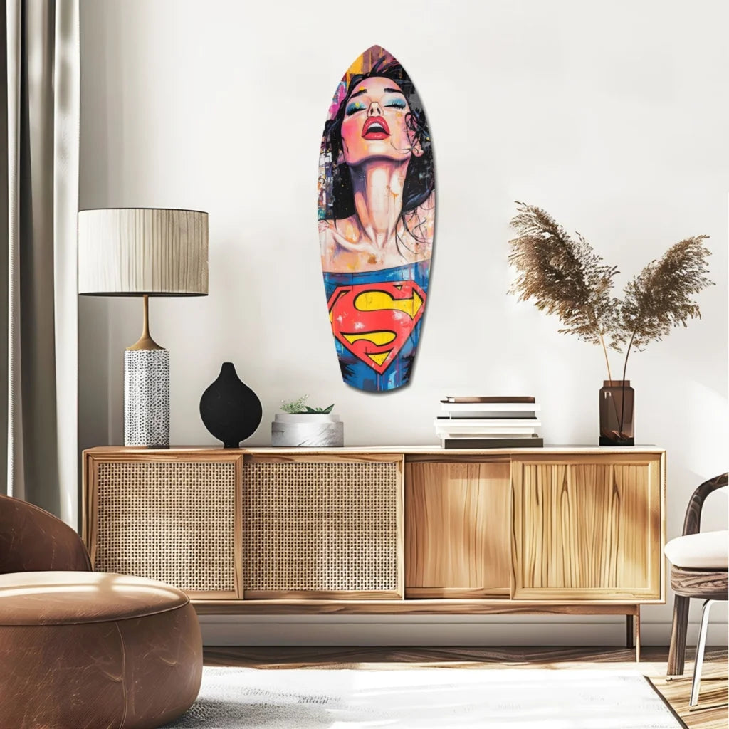 Wonder Woman surfboard tempered glass art with size comparison