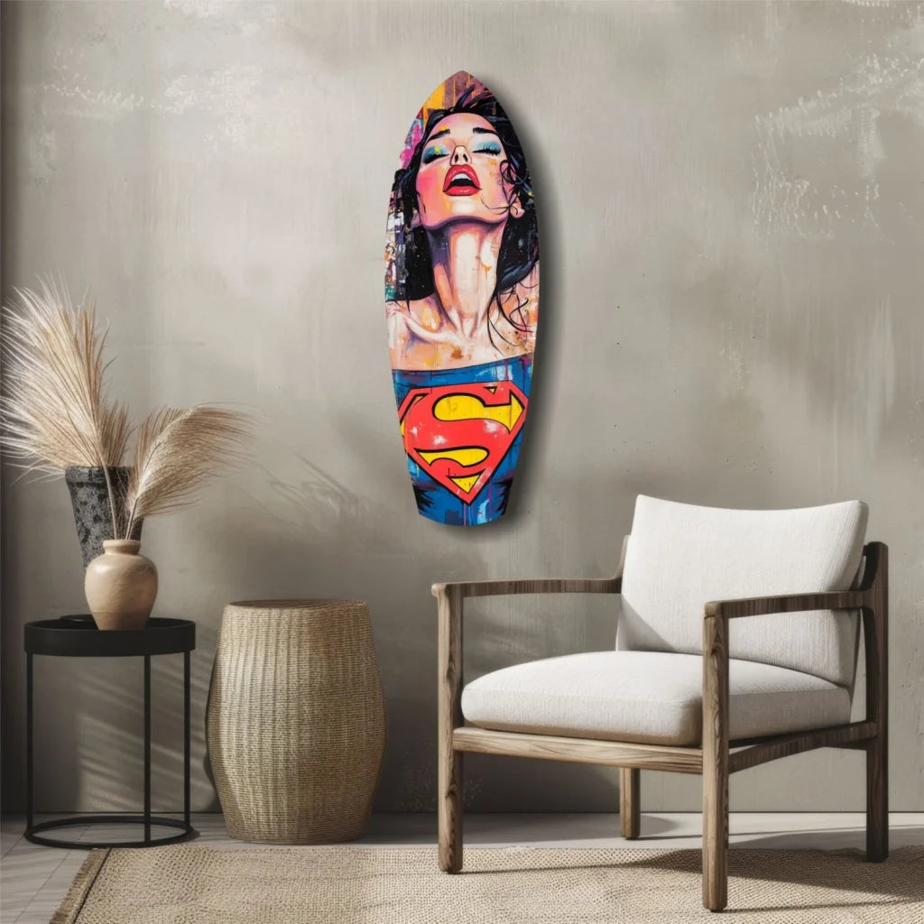 Vibrant Wonder Woman tempered glass art surfboard with size comparison