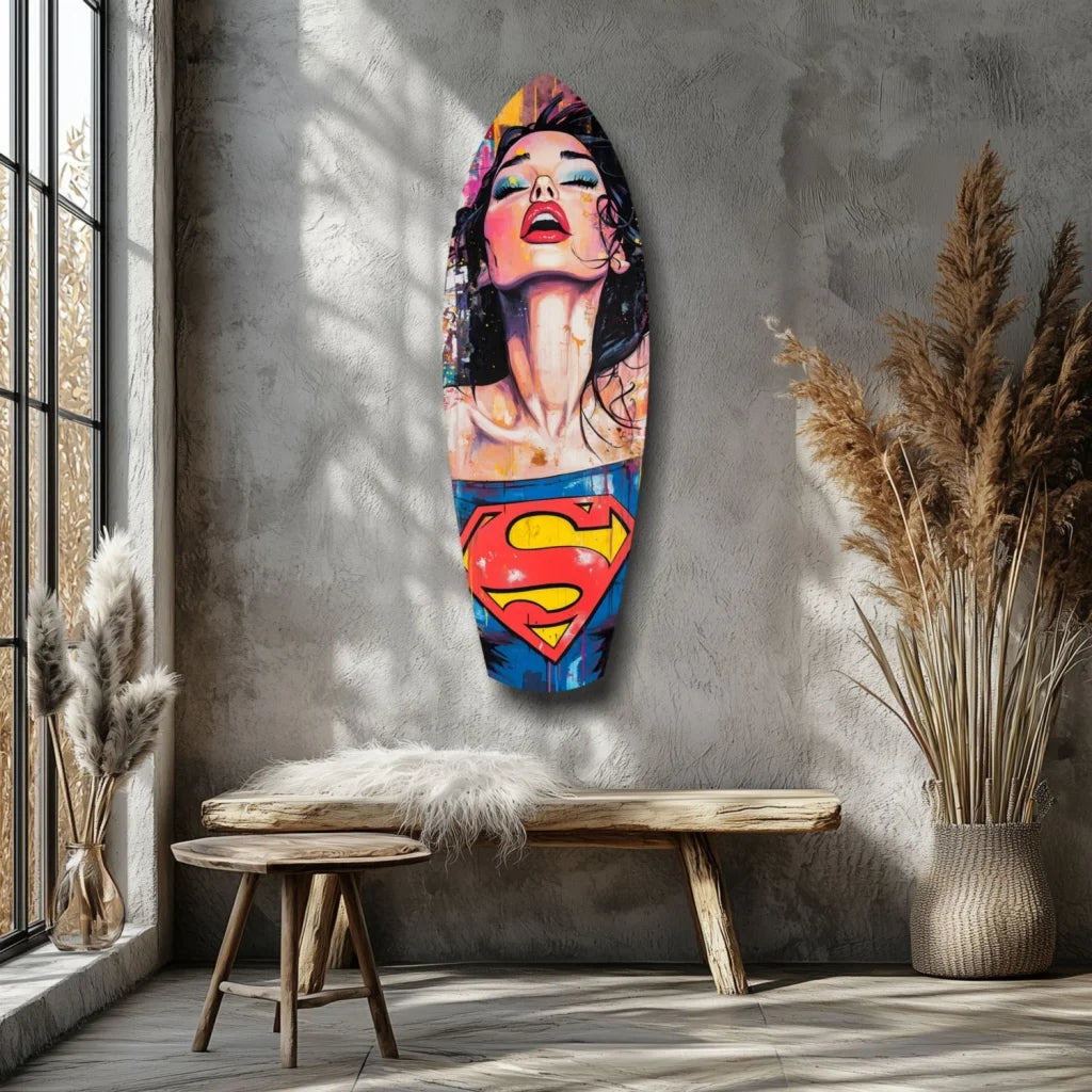 Vibrant Wonder Woman tempered glass art surfboard wall display with size comparison