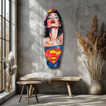 Vibrant Wonder Woman tempered glass art surfboard wall display with size comparison