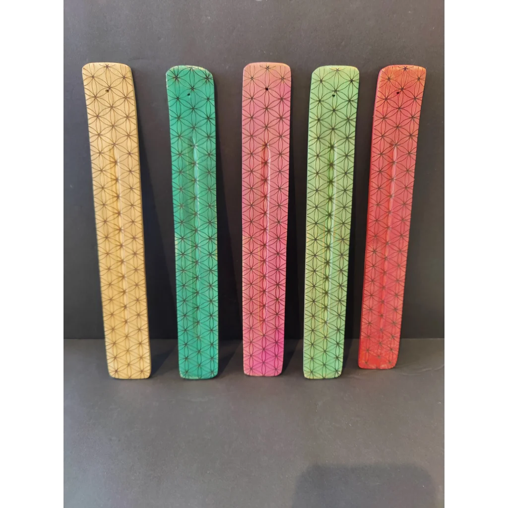 Five colorful wood printed incense burners with star patterns
