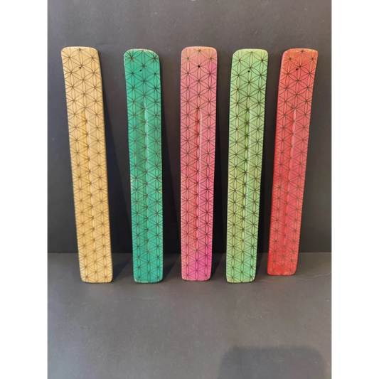 Five colorful wood printed incense burners with star patterns