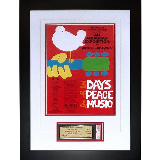 Deluxe framed woodstock music and art fair 12x18 poster with white dove on guitar red background and original ticket