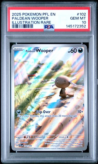 PSA-graded Paldean Wooper illustration rare Pokémon card displaying holographic rainbow pattern and creature artwork in protective case.