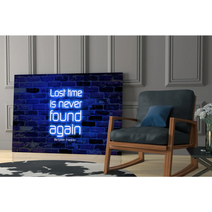 Blue Benjamin Franklin neon quote glass wall art on brick