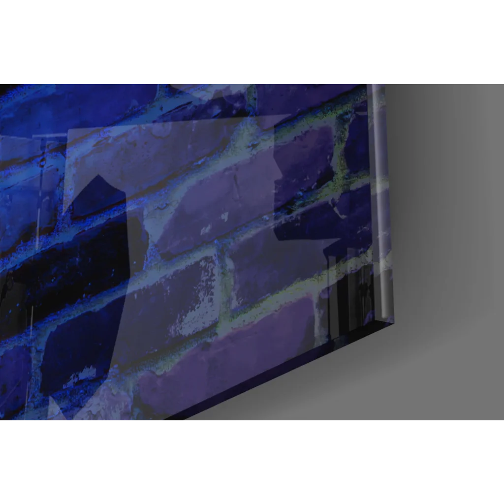 Vibrant blue purple Benjamin Franklin neon quote glass wall art brick design