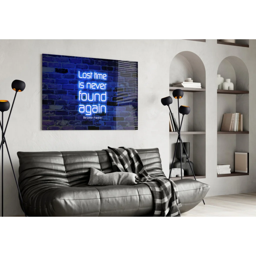 Blue neon Benjamin Franklin quote glass wall art on brick design