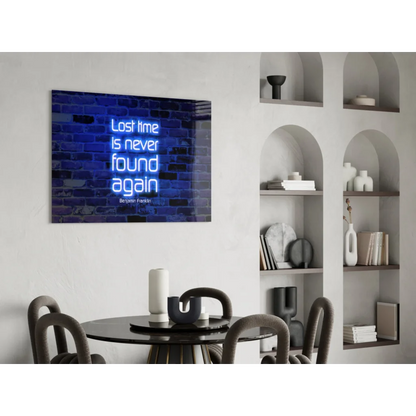 Blue Benjamin Franklin neon quote glass wall art on brick design