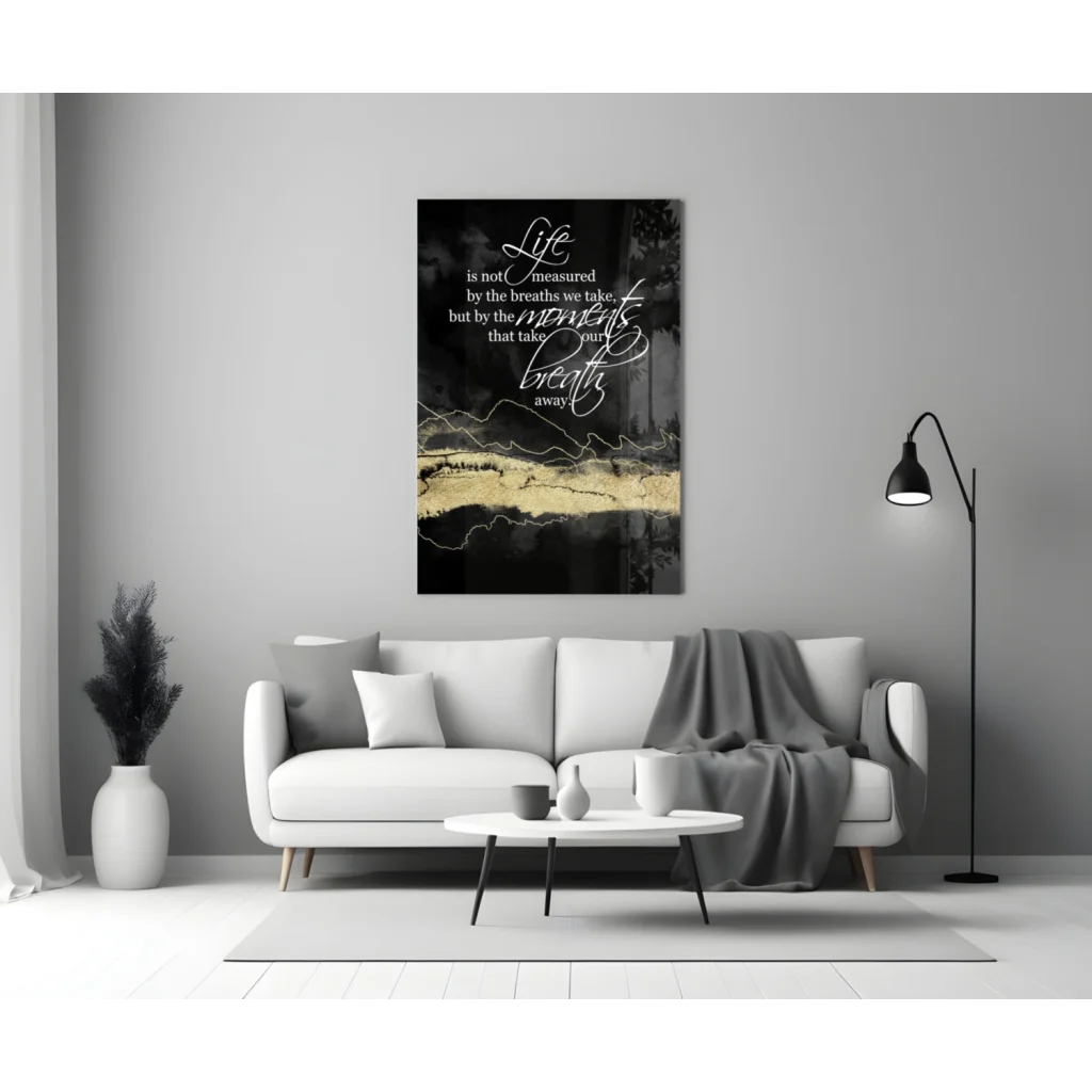 Black and gold canvas wall art with breathtaking quote on elegant cursive script