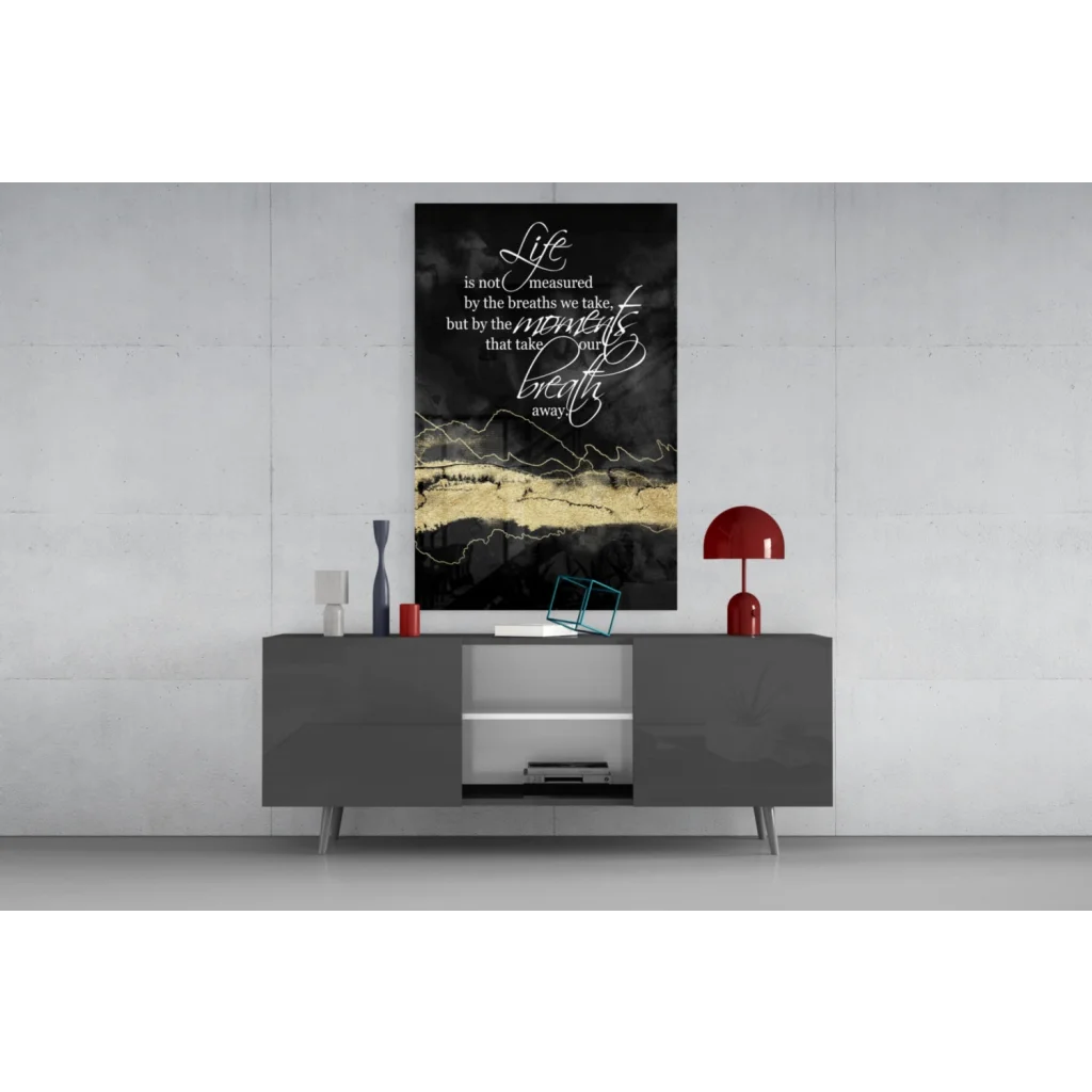 Black and gold abstract wall art canvas with breathtaking moments quote