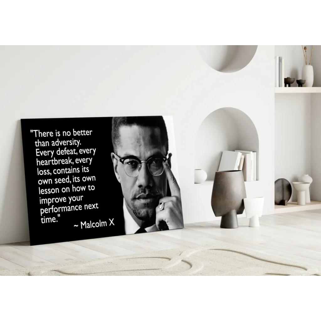 Malcolm X black-and-white portrait canvas wall art with quote