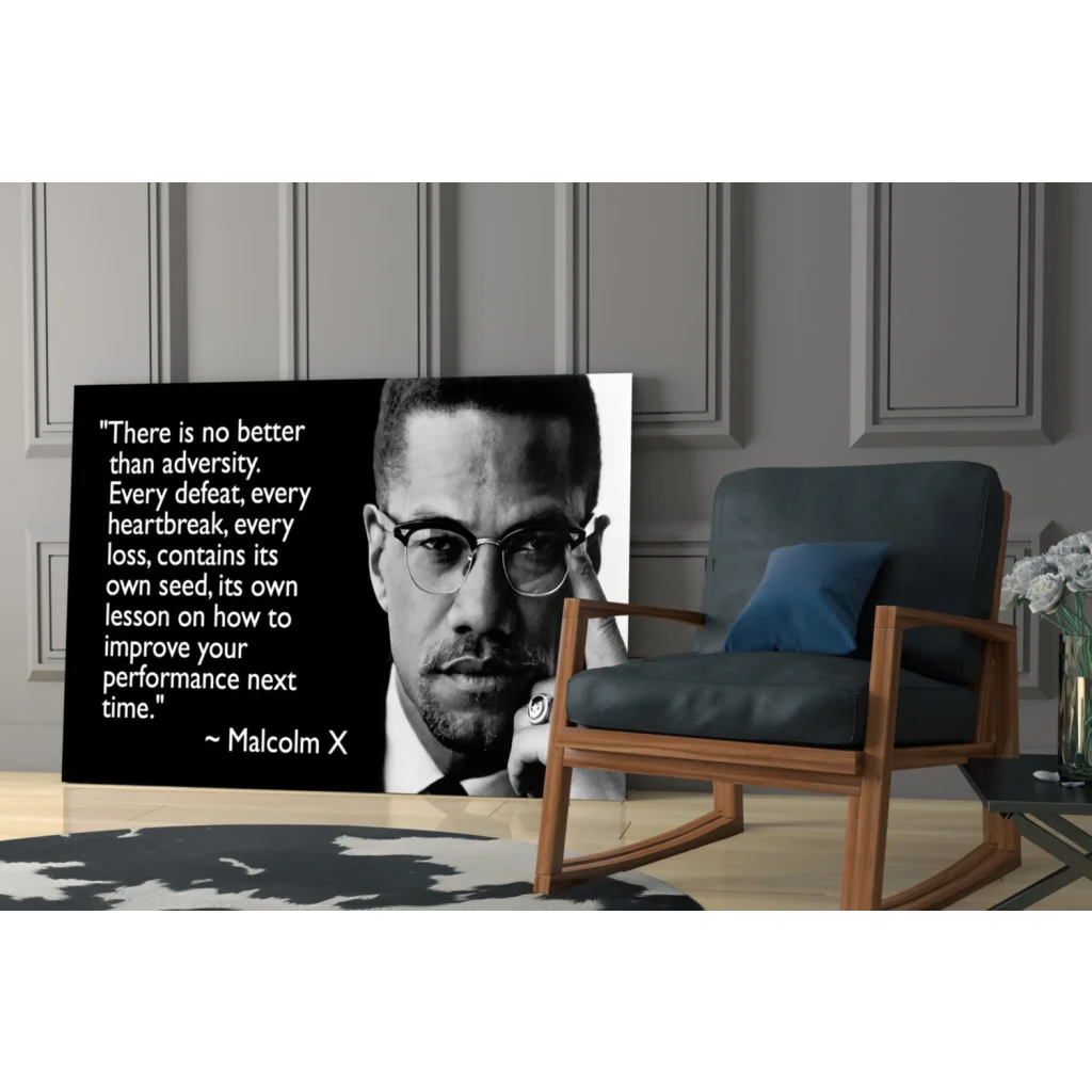 Black and white Malcolm X portrait wall art canvas with quote