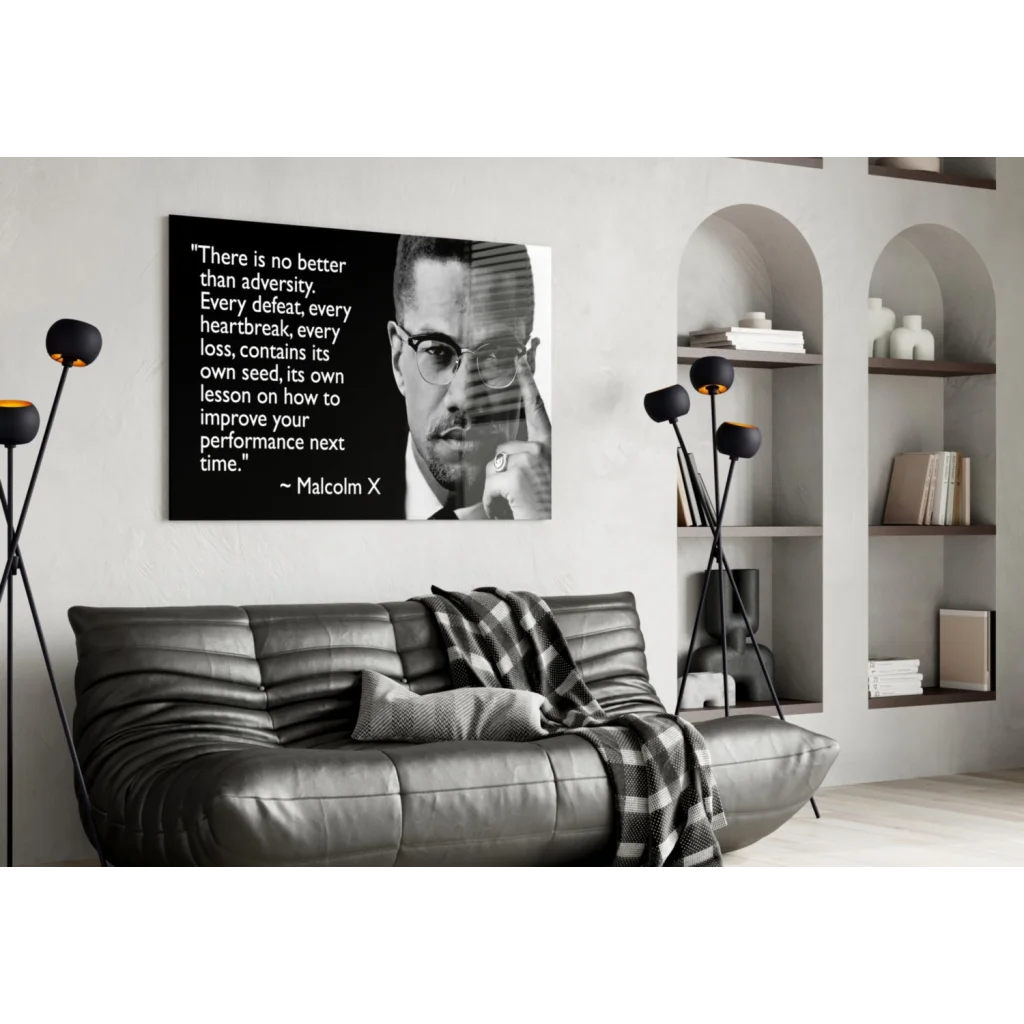 Malcolm X portrait canvas wall art with inspirational quote