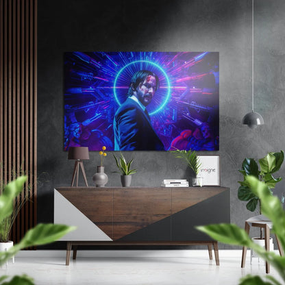 Vibrant neon-blue magenta man in suit on brushed aluminium dibond print