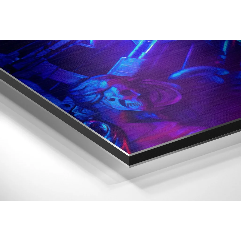 Vibrant neon art on brushed aluminium dibond print with black frame