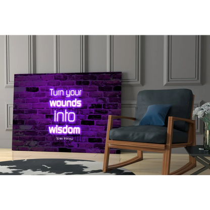Purple neon glass wall art of Oprah Winfrey quote on brick wall