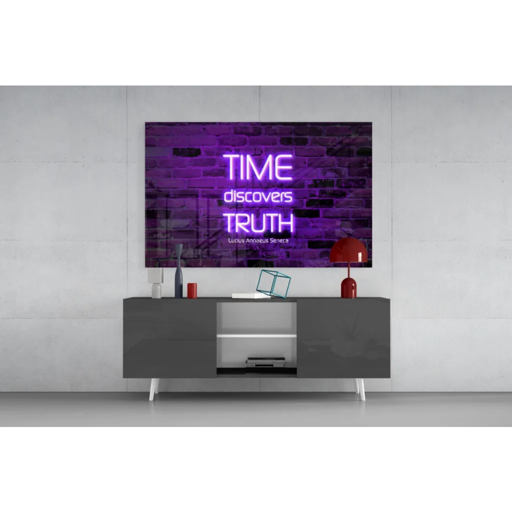 Purple neon Seneca quote time discovers truth glass wall art on brick