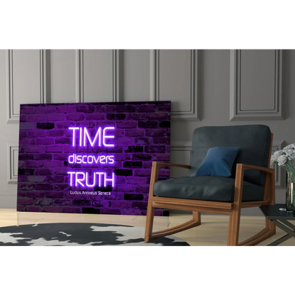 Glowing purple Seneca truth quote neon glass wall art