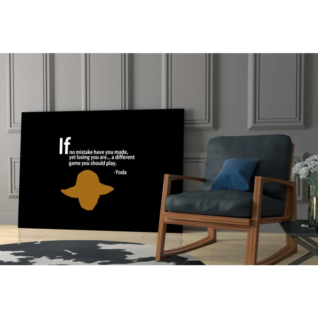 Yoda minimalist black canvas wall art with gold head silhouette and quote