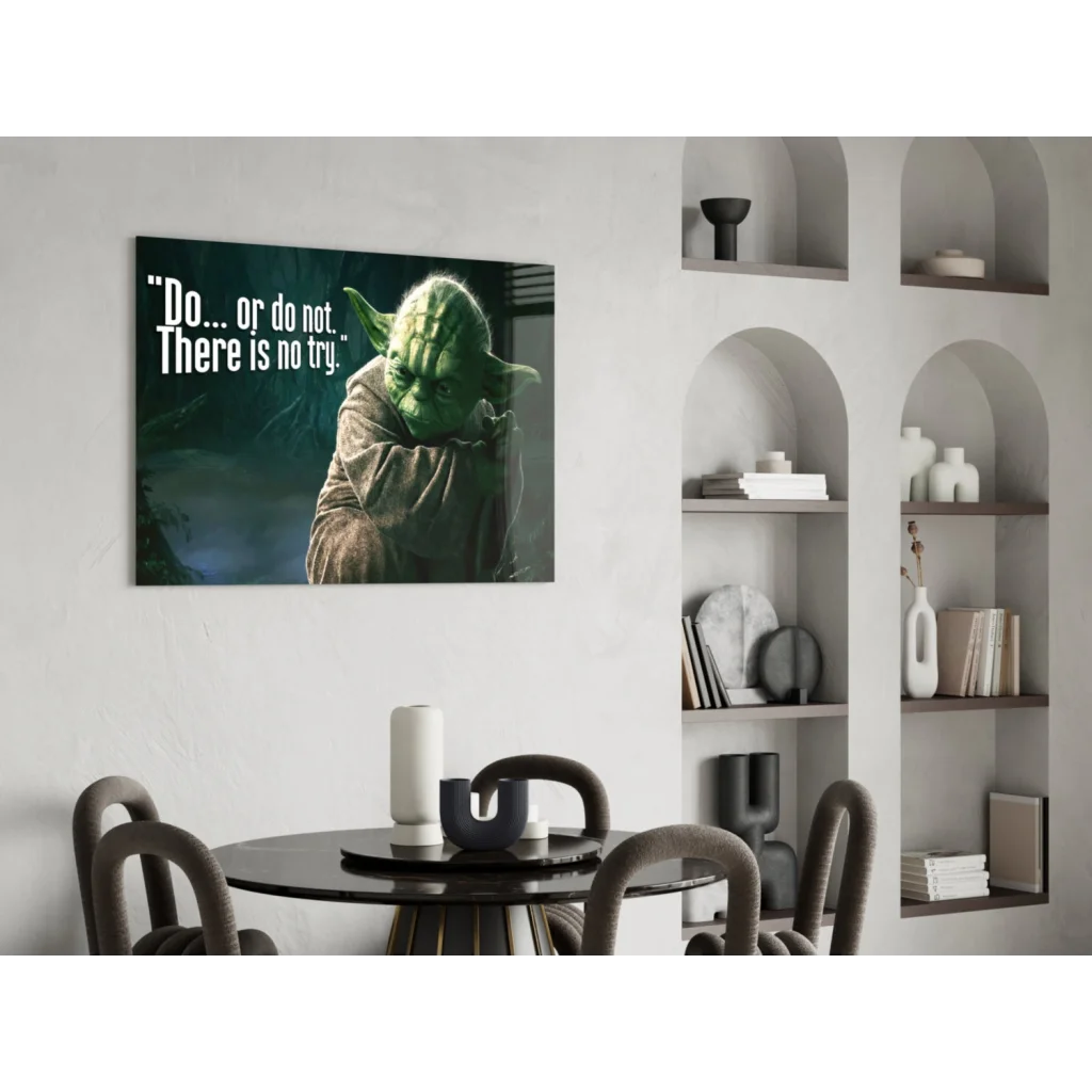 Green Yoda glass wall art print with Do or Do Not quote