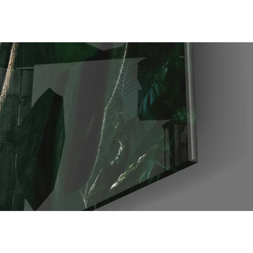 Sleek Yoda Do or Do Not Star Wars glass wall art with dark green abstract leafy design