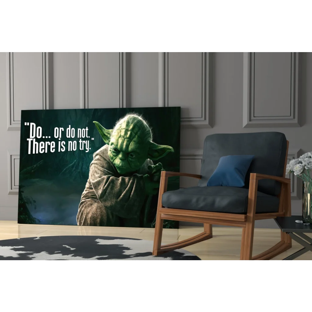 Green Yoda glass wall art print with Do or Do Not quote