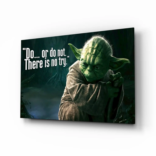 Green-skinned Yoda in brown robe on Star Wars glass wall art with Do quote
