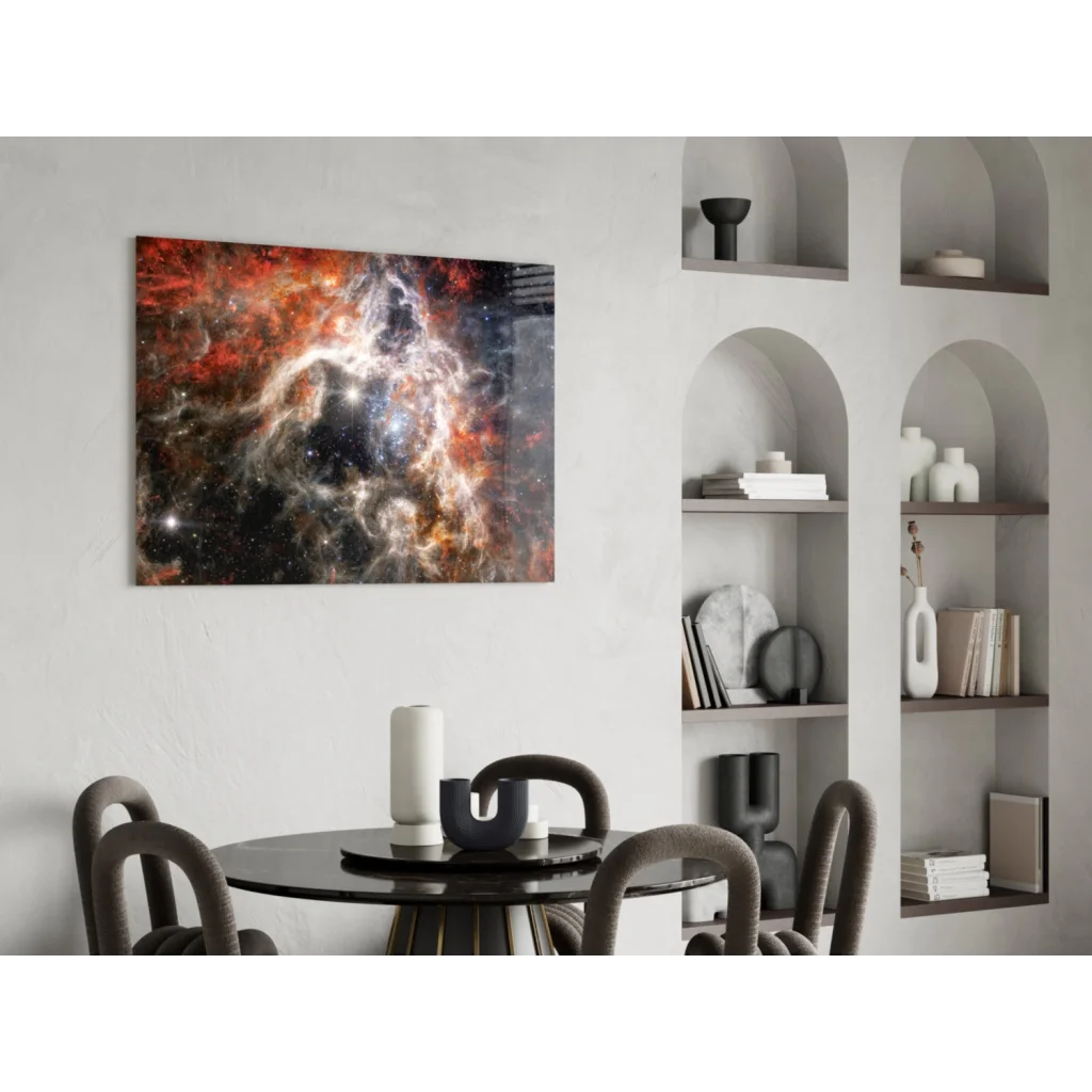 Vibrant cosmic nebula glass wall art print in sleek modern frame