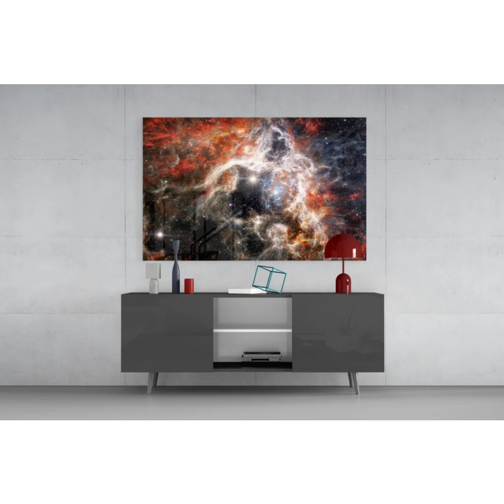 Vibrant red orange cosmic nebula glass wall art print