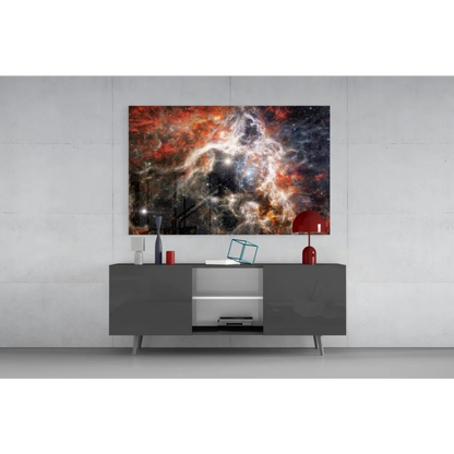 Vibrant red orange cosmic nebula glass wall art print