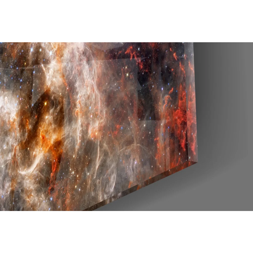 Vibrant cosmic nebula glass wall art on sleek acrylic panel