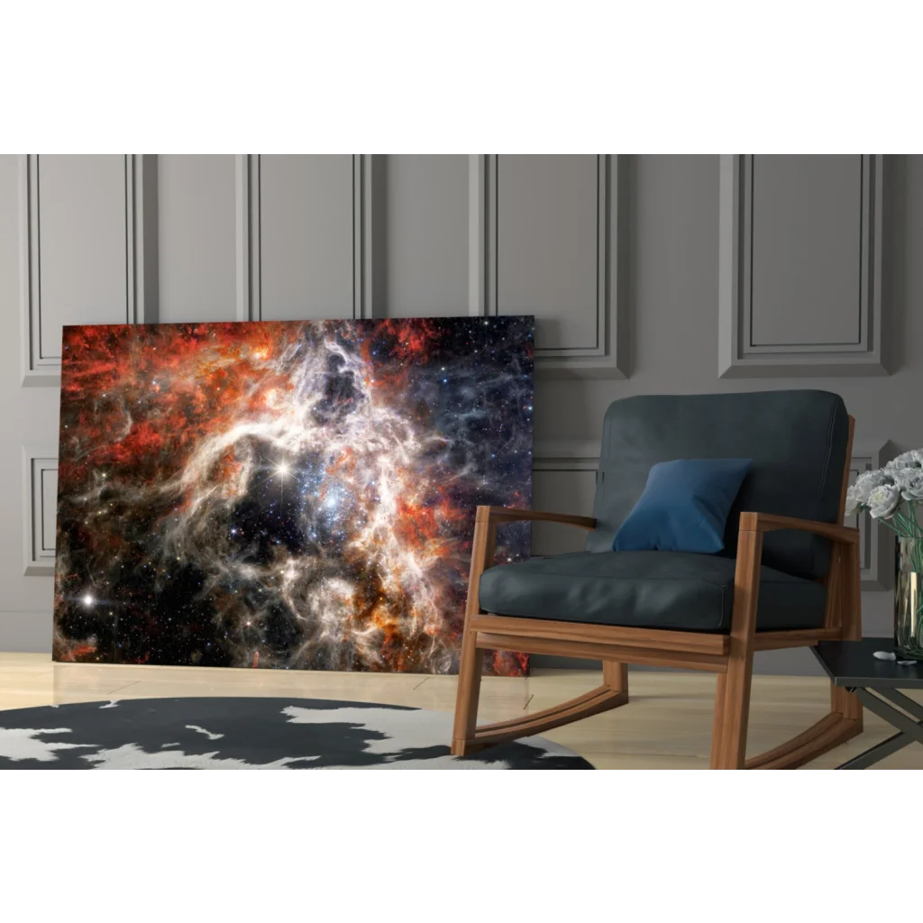 Vibrant cosmic nebula glass wall art print with swirling reds, oranges, blues