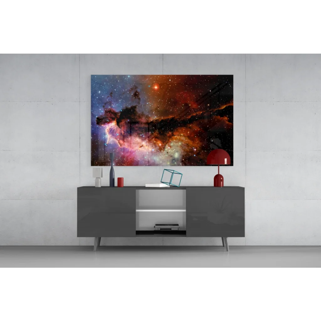 Stunning cosmic nebula wall art with swirling orange, purple, blue hues on starry black canvas