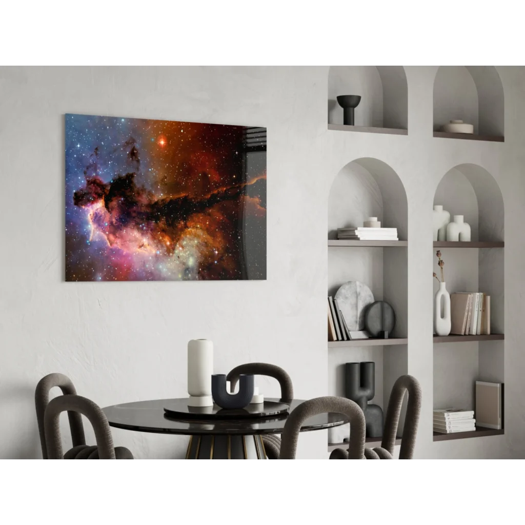 Vibrant cosmic nebula on sleek glass wall art panel