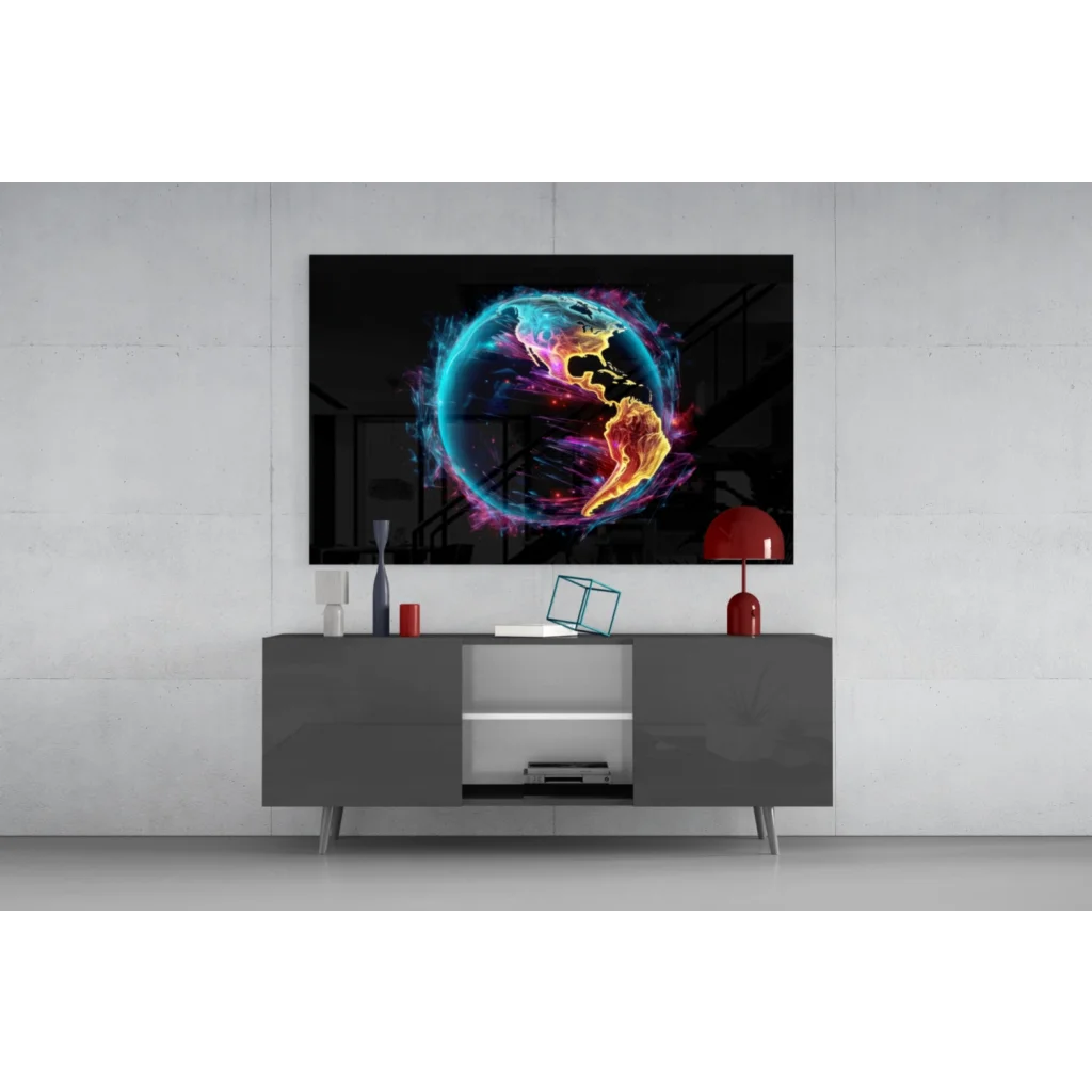 Vibrant glowing neon Earth on sleek glass wall art with aurora swirls