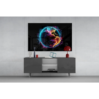 Vibrant glowing neon Earth on sleek glass wall art with aurora swirls