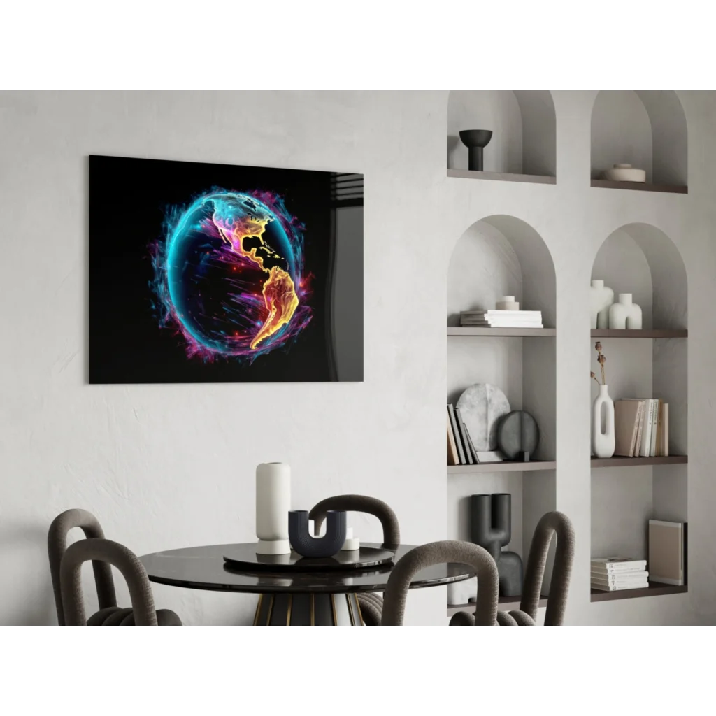 Vibrant neon globe glass wall art with aurora energy swirls in black frame