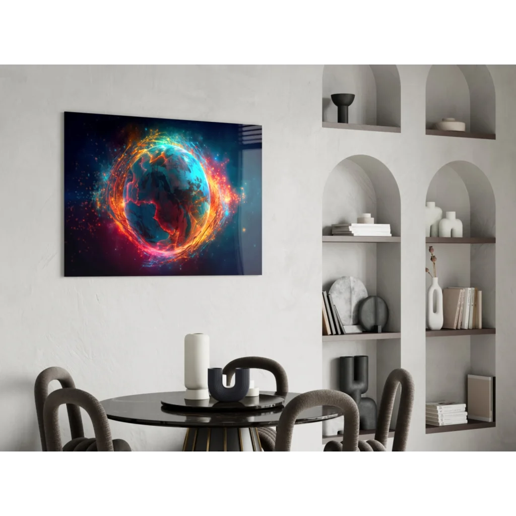 Fiery Earth Energy cosmic glass wall art with vibrant orange teal nebulae globe