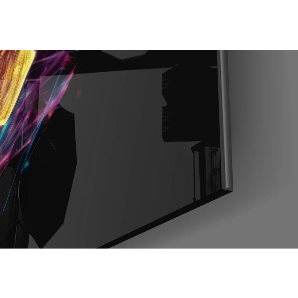 Black-framed glass wall art with vibrant neon aurora swirls