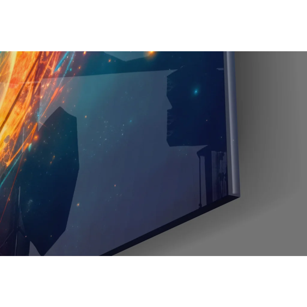Sleek cosmic glass wall art TV displaying fiery orange blue nebulae
