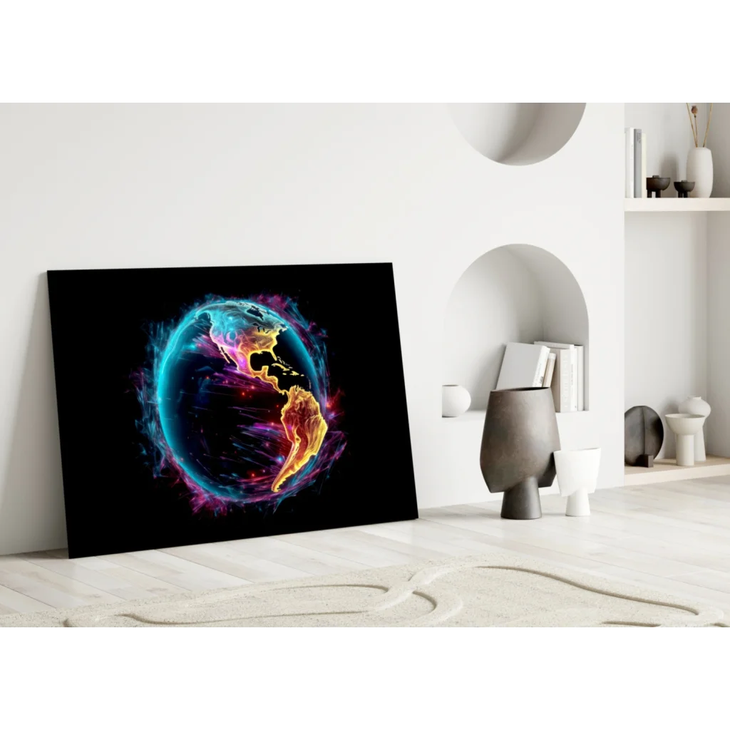 Vibrant glowing neon Earth glass wall art with aurora energy swirls