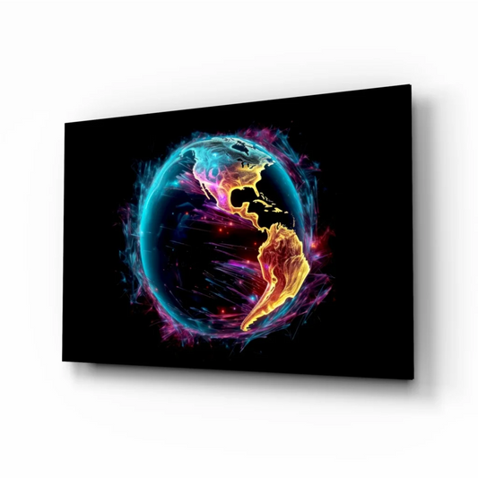 Vibrant neon glowing earth glass wall art with aurora energy swirls