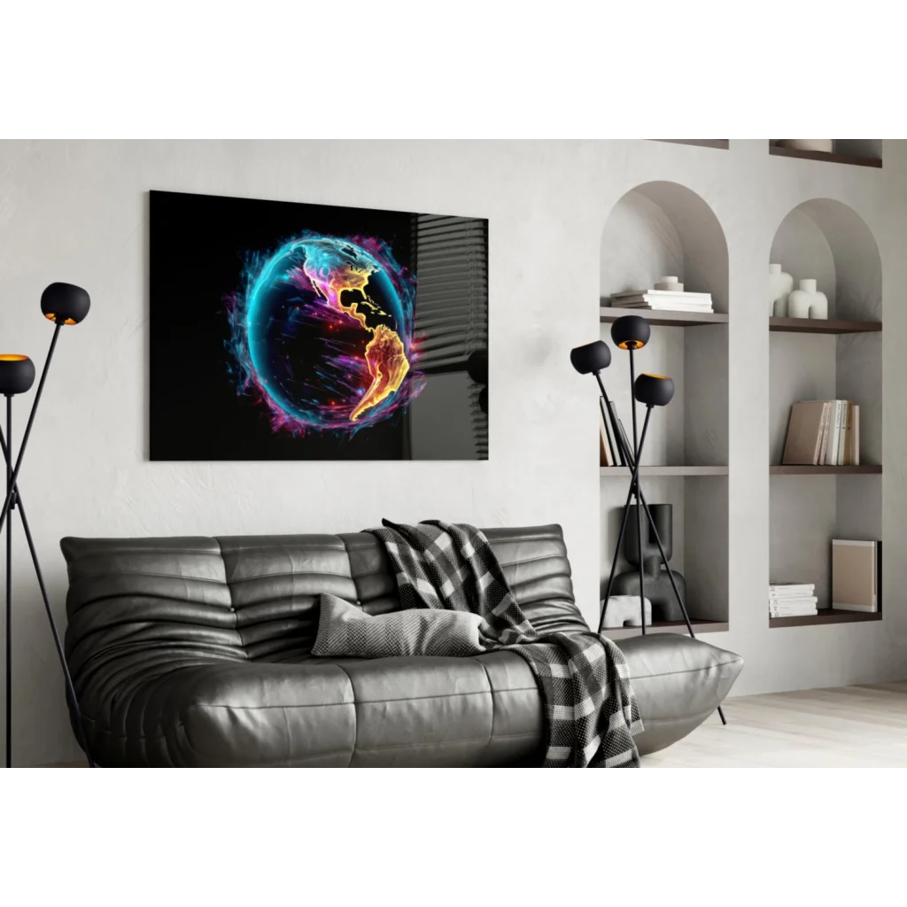 Vibrant neon glowing earth glass wall art with aurora energy swirls