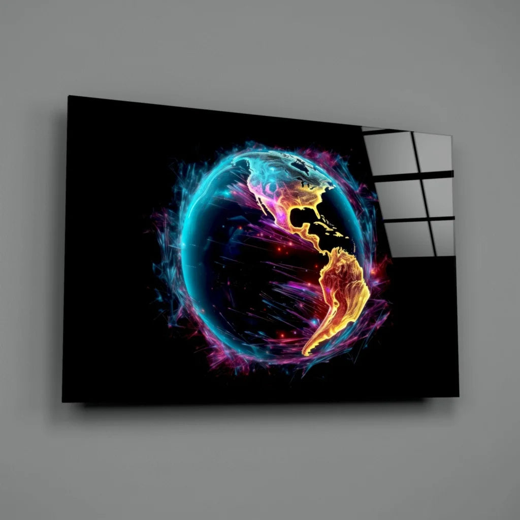 Glowing neon earth glass wall art with aurora energy swirls
