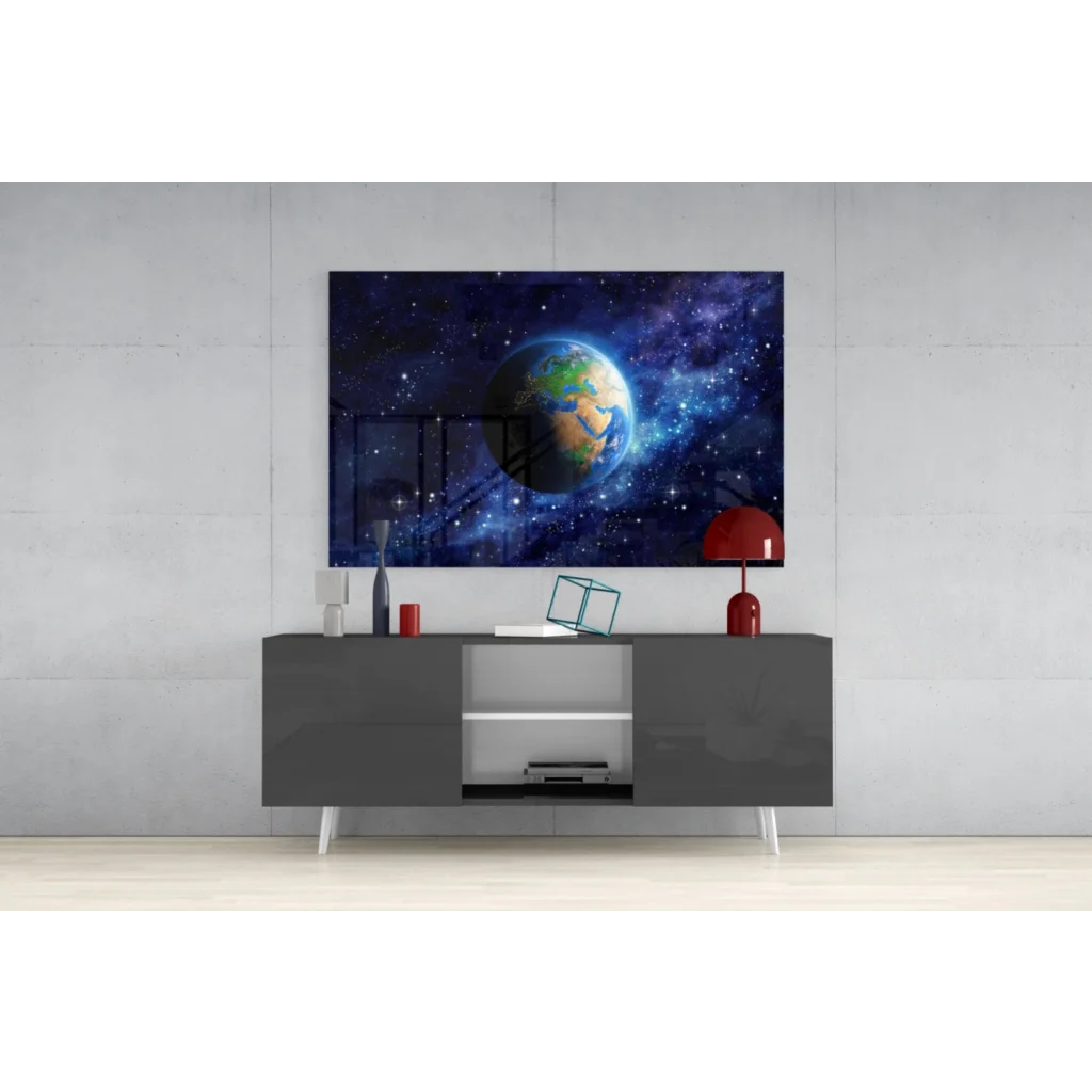 Vibrant cosmic earth mural with swirling nebulae on sleek canvas wall art