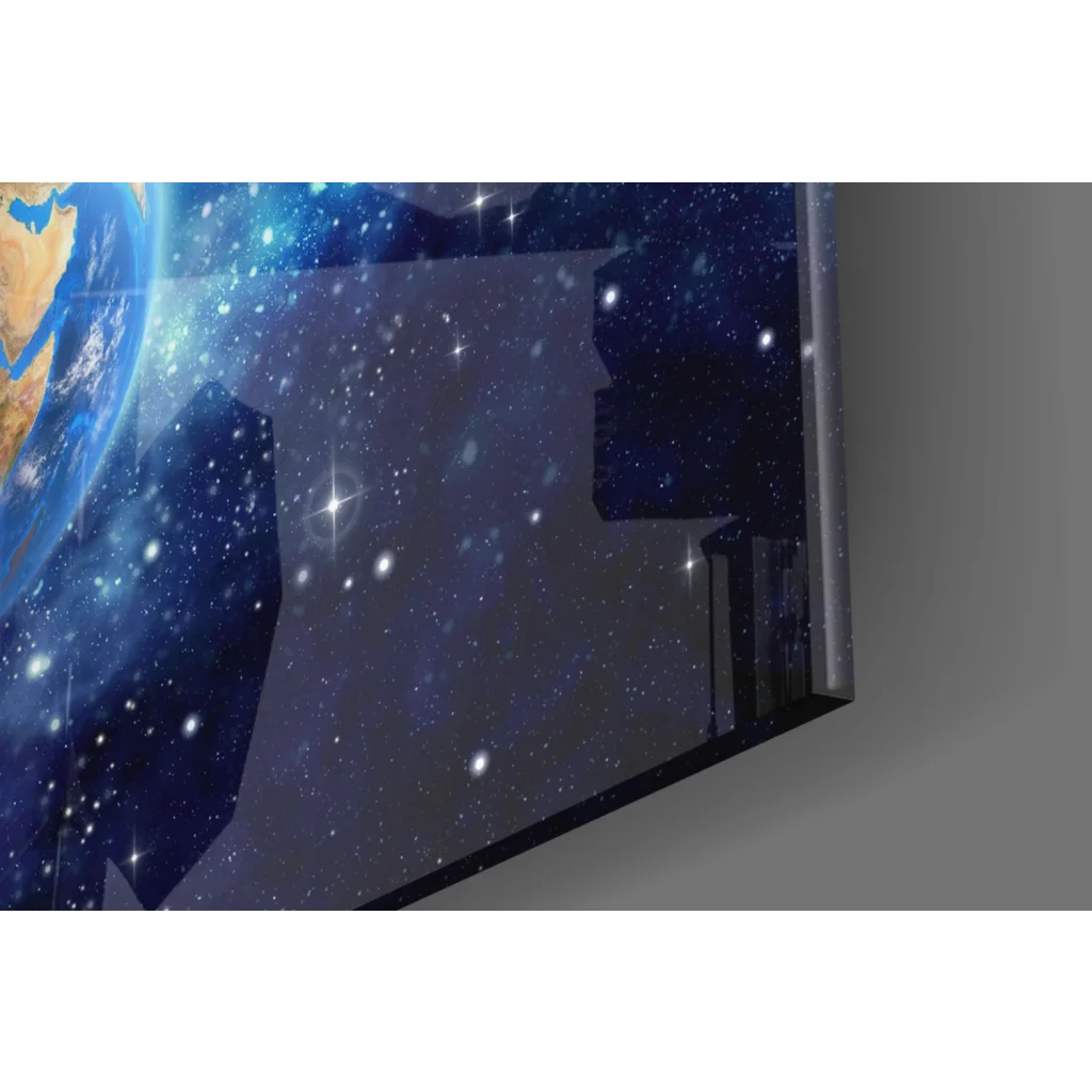 Sleek TV showing cosmic Earth galaxy in glass wall art print