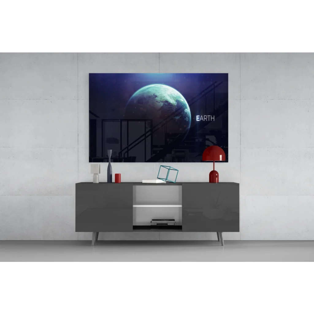 Sleek TV showing vivid Earth on glass wall art with starry space view