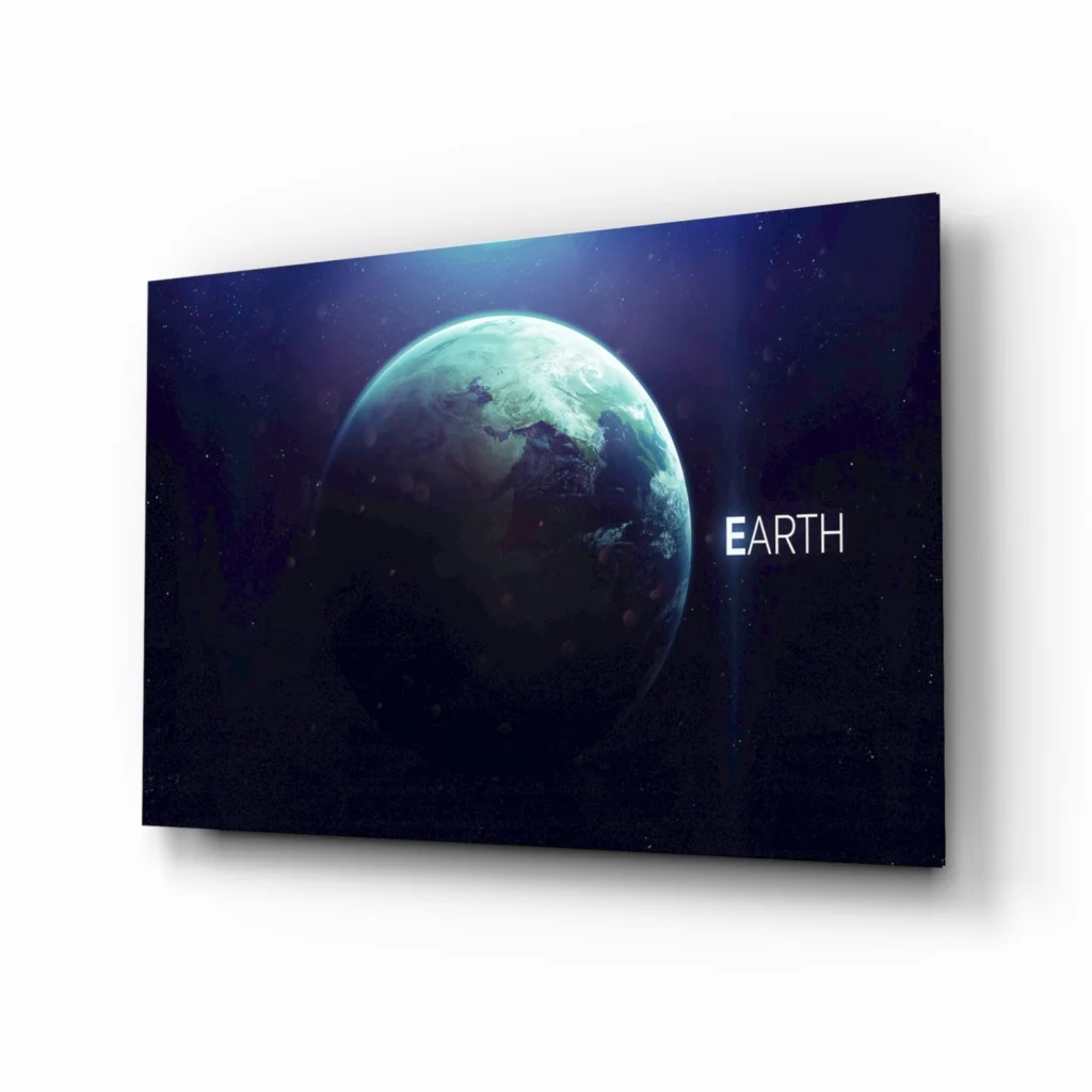Earth glass wall art with starry space view and vivid planet